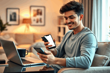 Illustration d'un utilisateur débloquant sa carte de crédit via une application mobile.